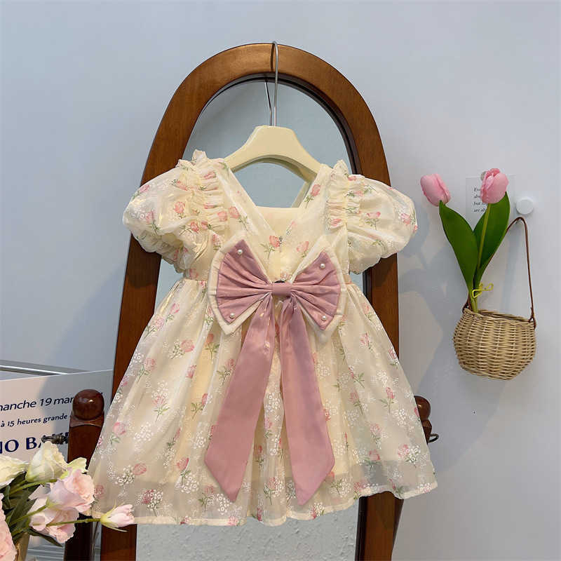 Girl's Dresses Summer New Style 2025 Little Girl Bow Short Sleeve Fashion Dress Summer Dress Baby Girl Western Princess Dress Trendy