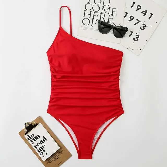 2024 Sexy One Shoulder One Piece Swimsuit 2022 Women Solid Black Neon Green Push Up Padded Bathing Suit Pate Swimwear MonokiniXJ250315