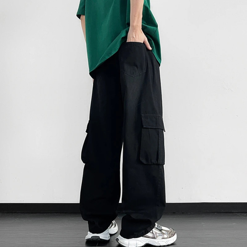 Spring Summer Casual Cargo Cotton Straight Jeans for Men Clothing Big Pockets Drawstring Loose Men Pants YBJYF-2587 250314
