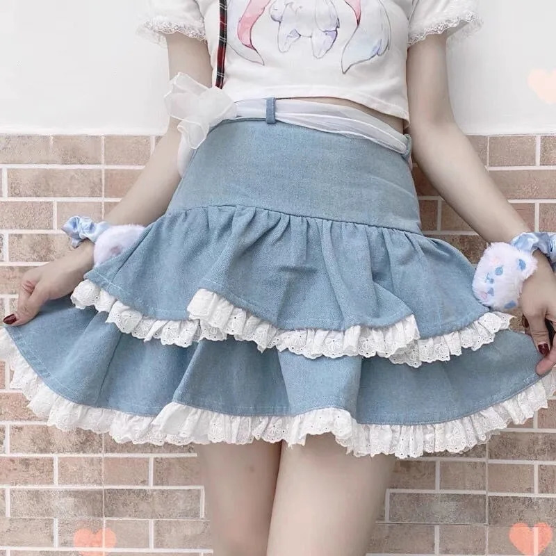Summer Japanese Y2k Lace Cake Skirt Subculture Girl Demin Pompadour Skirts Layered Ruffle Fluffy Lolita Women Casual Mini 250310