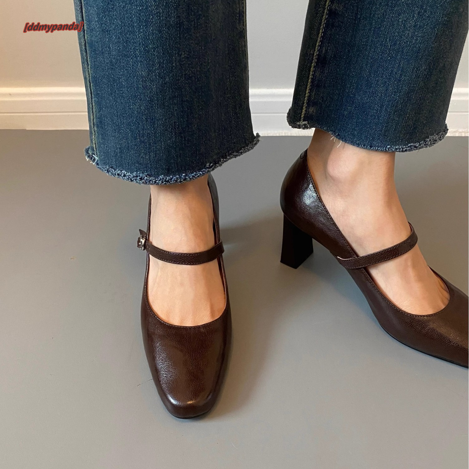 Cowhide version~French square toe high heels 2025 new spring/summer simple one-piece Mary Jane women's single shoes ddmypanda
