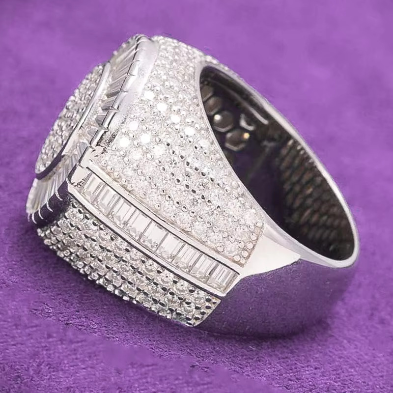 925 Sterling Silver Gra Hip Hop Iced Bling Moissanite Ring for Men Pass Diamond Tester VVS Baguette Circle Signet Iced Bling