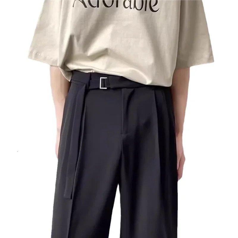 Black casual suit mens loose fitting straight leg wide pants Japanese style lightweight y Draped Trousers 250313