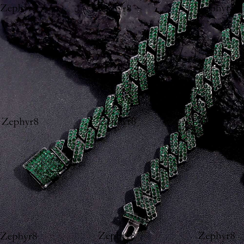 Punk Hip Hop Green Rhies Paved k for Men Iced Out Chain 14mm Miami Rhombus Cuban Necklace Jewelry