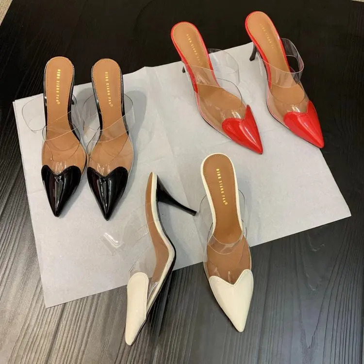 Sexy Pvc Women Slippers Leather Pumps Stiletto Sandals Pointed Toe High Heel Womens Shoes Woman Mules Slip on Patchwork 250314