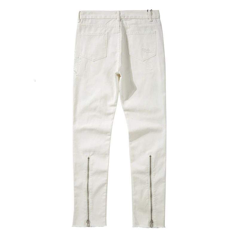 Harajuku back zipper hole torn white jeans mens straight wash retro oversized streetwear casual denim Trouser 250313