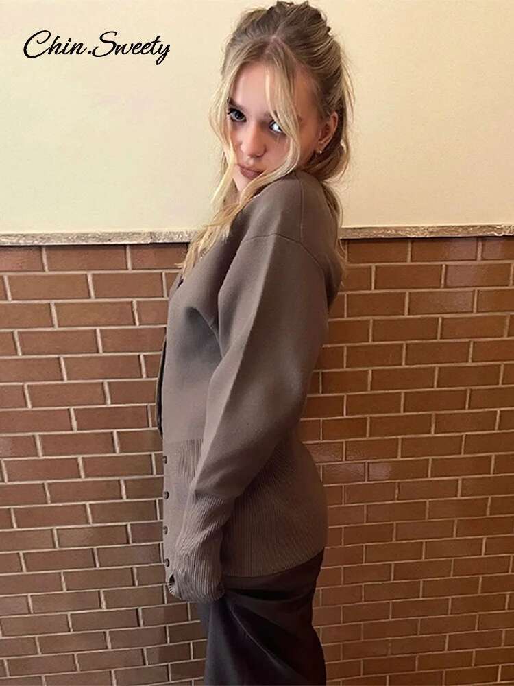 Vintage Women Knit Cardigans Solid V-Neck Long Sleeve Slim Button Sweater Female Fashion Autumn Winter Lady Knitwear New