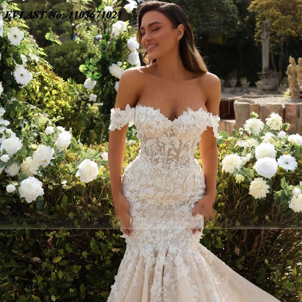 Evlast customized 2025 mermaid long lace applique beads novia wedding dress mariee robe md02