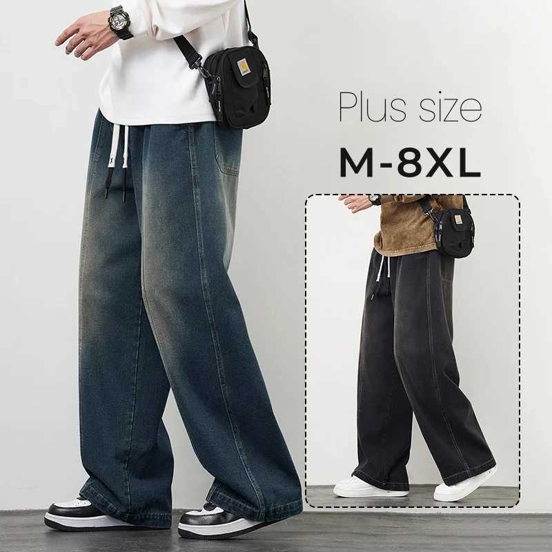 Plus Size M-8XL Baggy Jeans Mens Blue Black Streetwear Elastic Waist Y2K Trousers Fashion Straight Leisure Wide Denim PantsT250319