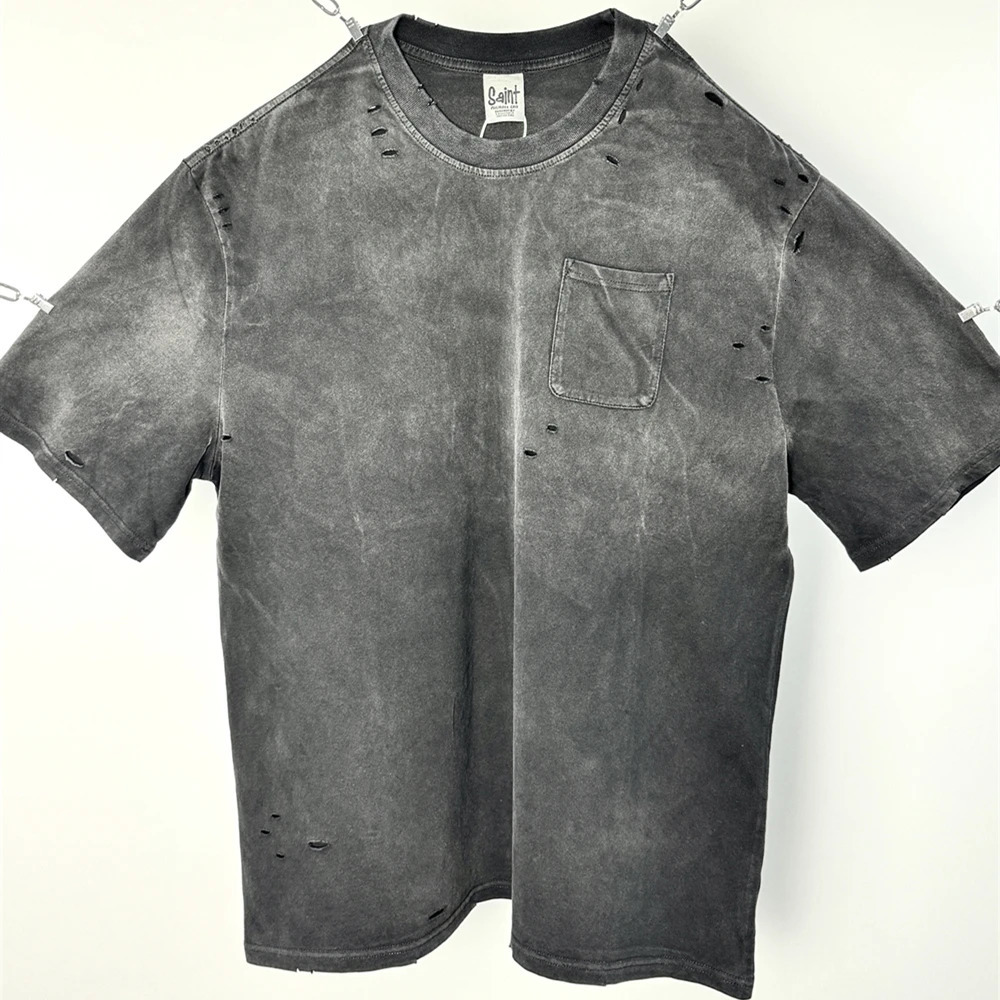 Frog Drift American Basic Style Retro Hole Solid Color Tshirt 100% Cotton Top Summer Loose Mens Extra Large 250312