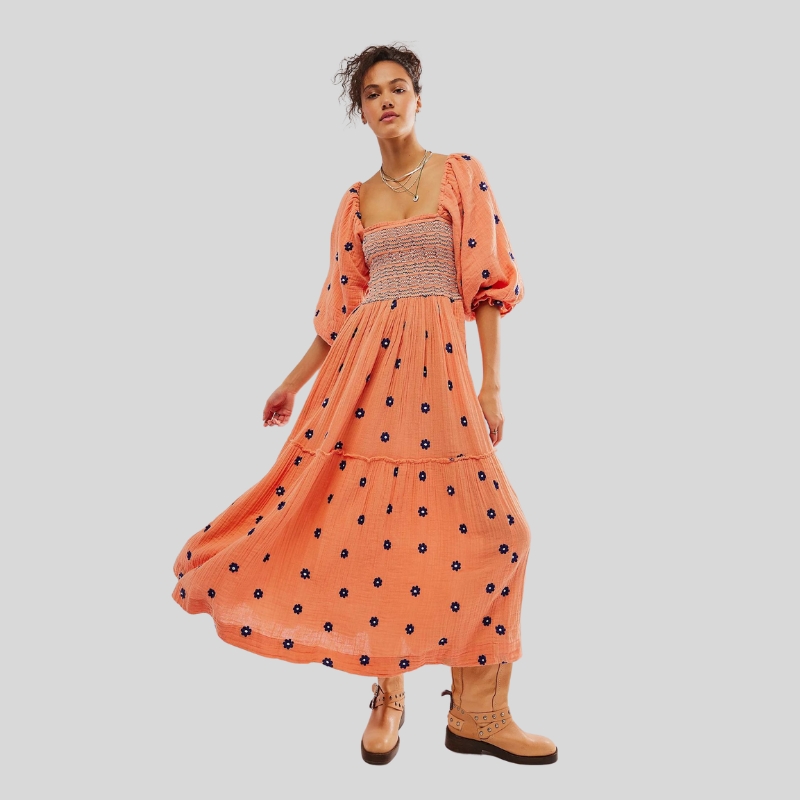 Autumn New Casual Trumpet Sleeves Wrap Embroidered Square Neck Sunflower Dress
