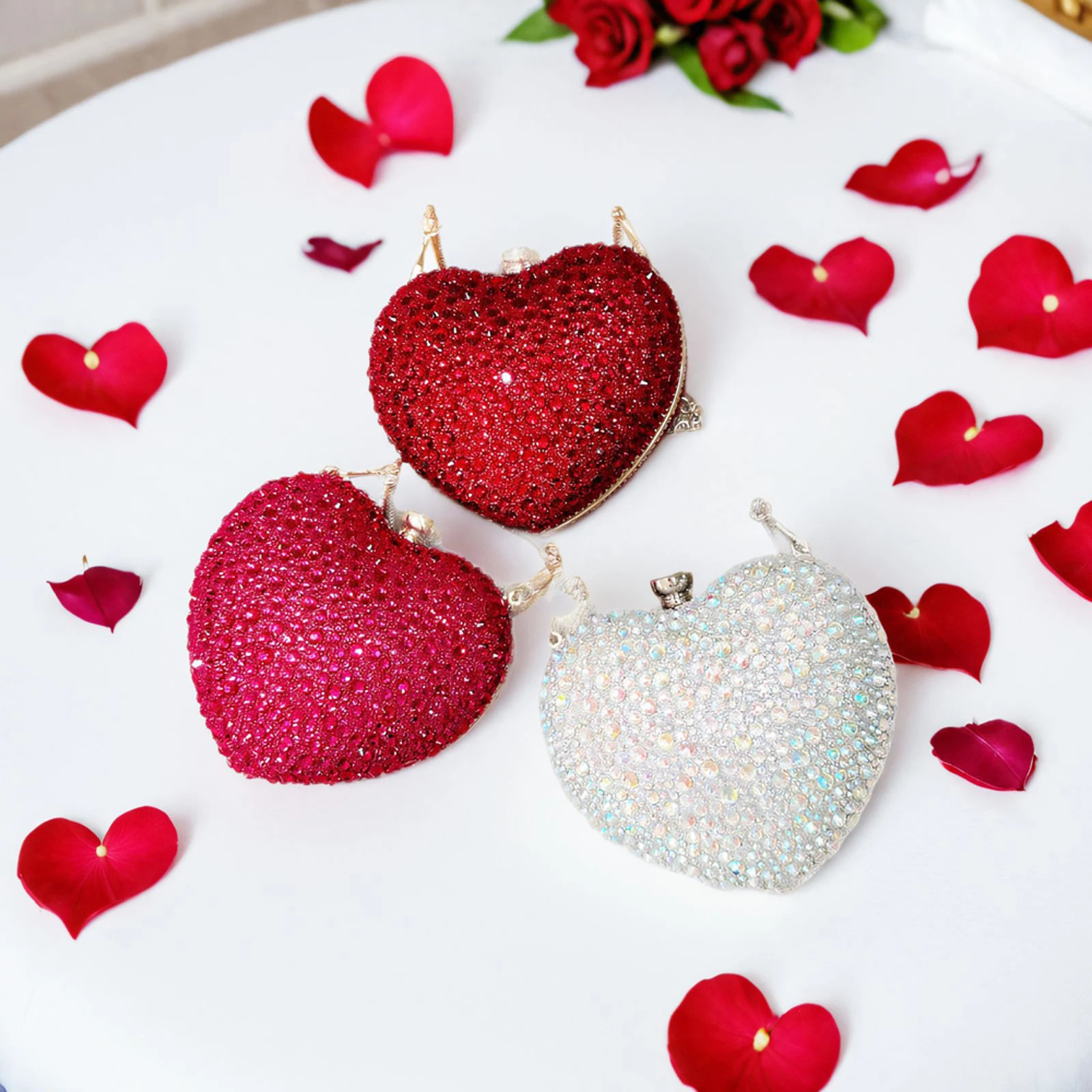 Diamond Heart-shaped Bag Red Rhinestone Evening Clutch Purse Female Wedding Handbag Woman Chain Shoulder Bags 250311