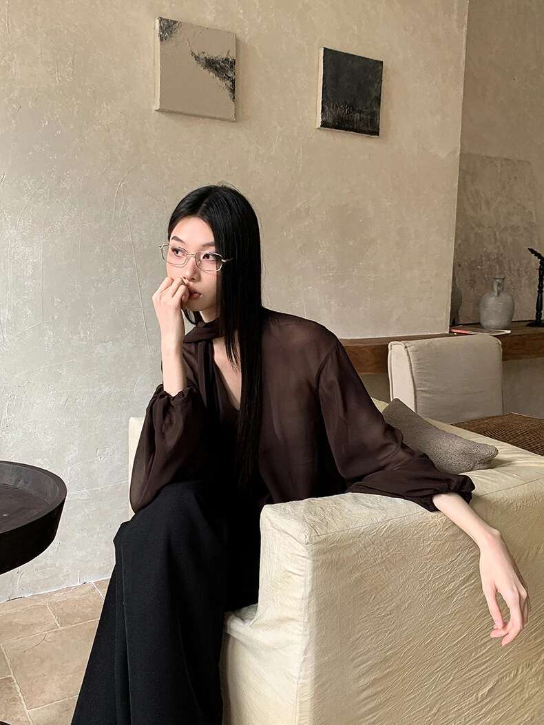 CHEERART Brown Chiffon Blouse Clothing Long Sleeve Top V Neck Ribbon Lady Tops And Blouses Fall Clothes 2024 Women