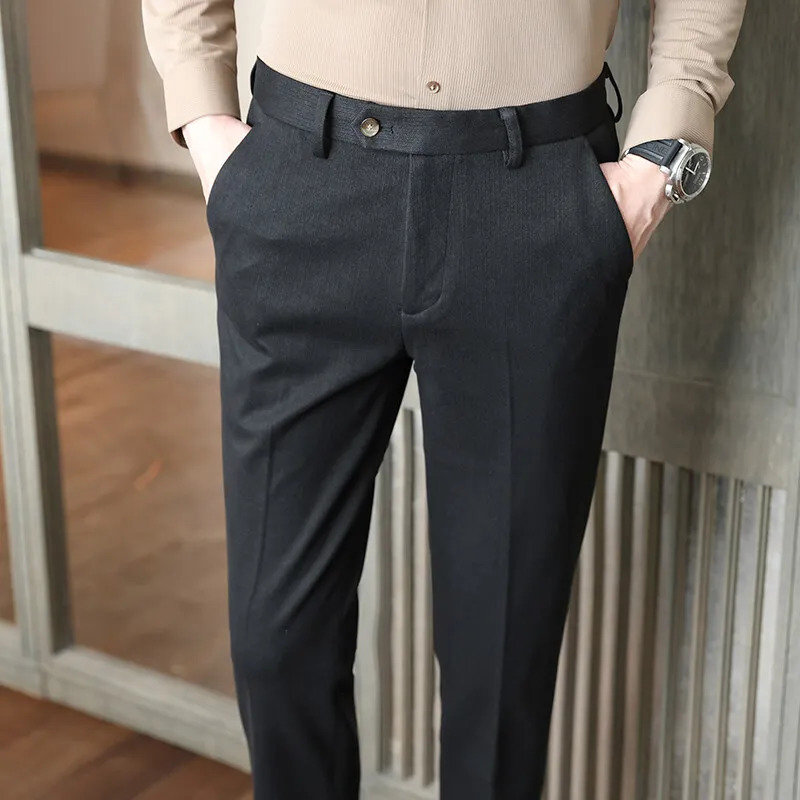 Autumn and Winter Wheat Grain Woolen Thick Khaki Trousers for Men Coffee Color Fashionable Versatile Mens Casual Pants 250313