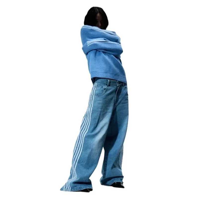 Y2K bagged jeans Harajuku embroidered stripes high-quality retro street style mens casual wide leg jeans sports pantsT250319