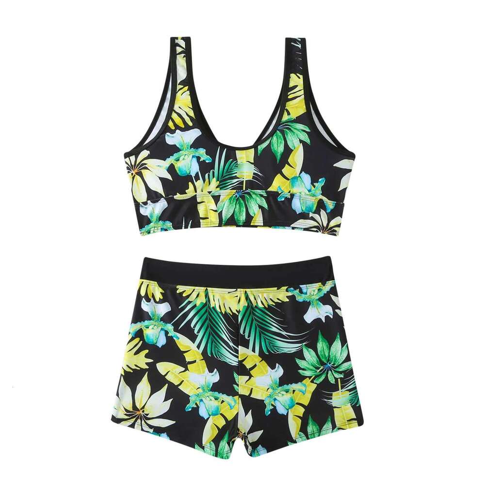 Two-piece printed swimsuit for women, high waist bikini, wide straps, push-up bra, summer clothing in