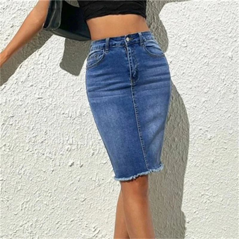 Fashion High Waist Denim Skirt Women Tassel Decoration Hem Wrap Hip Half-body Dress Female Summer Daily Casual Trend Streetwear 250311