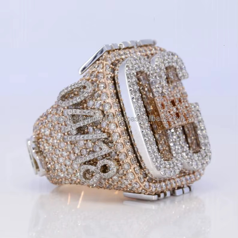 Custom Letters Iced Out Moissanite Ring for Men10k Solid Gold Initial CZ Diamond Hip Hop Ring for Him Big Symbol Rappers Ring