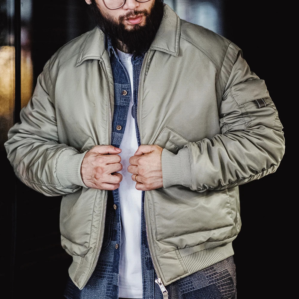 Maden Retro CWU45P Pilot Jacket Grey Green Warm Cotton Lined Flip Collar Casual Mens AutumnWinter 250313
