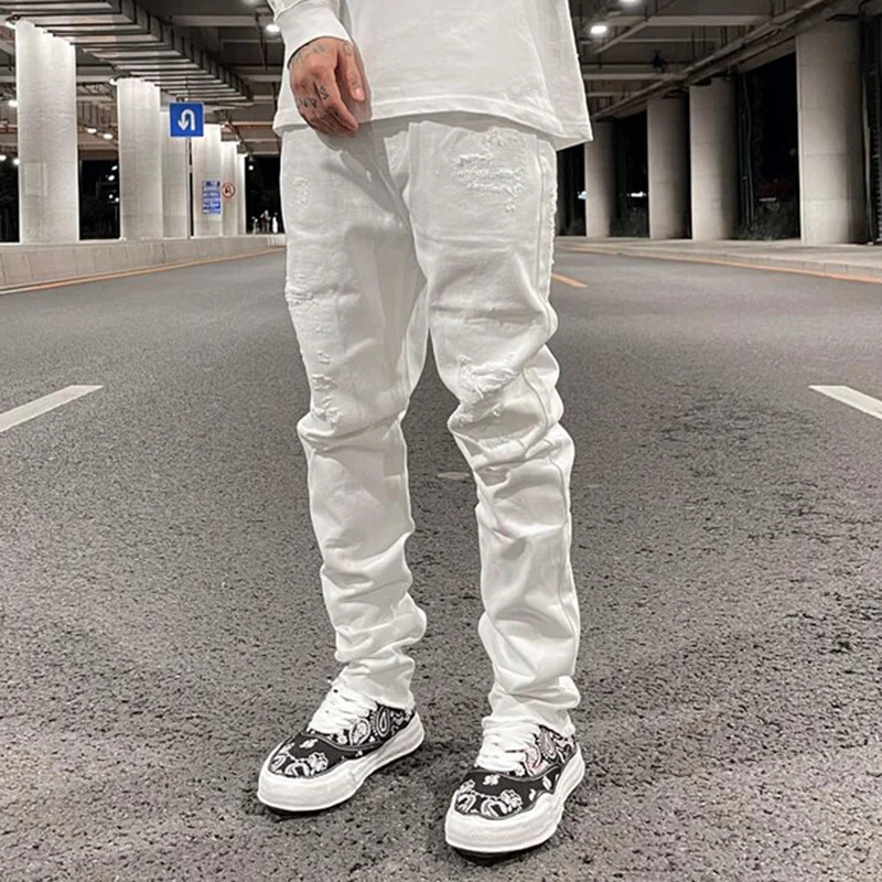 Harajuku back zipper hole torn white jeans mens straight wash retro oversized streetwear casual denim Trouser 250313