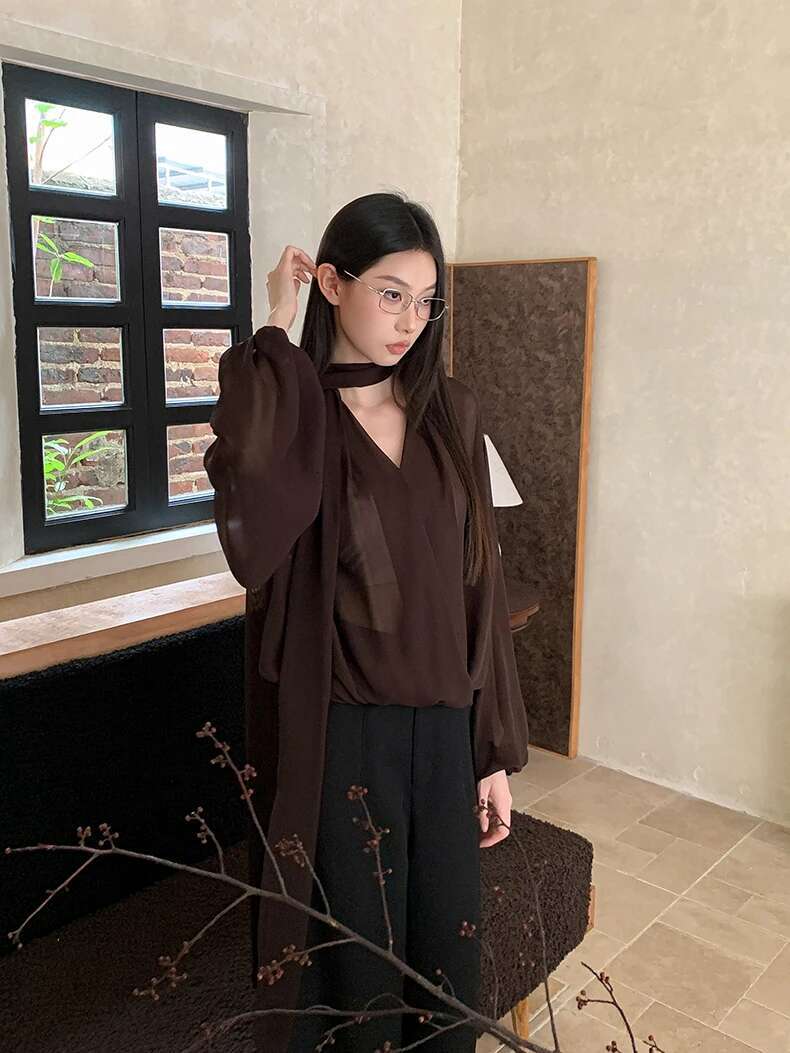 CHEERART Brown Chiffon Blouse Clothing Long Sleeve Top V Neck Ribbon Lady Tops And Blouses Fall Clothes 2024 Women