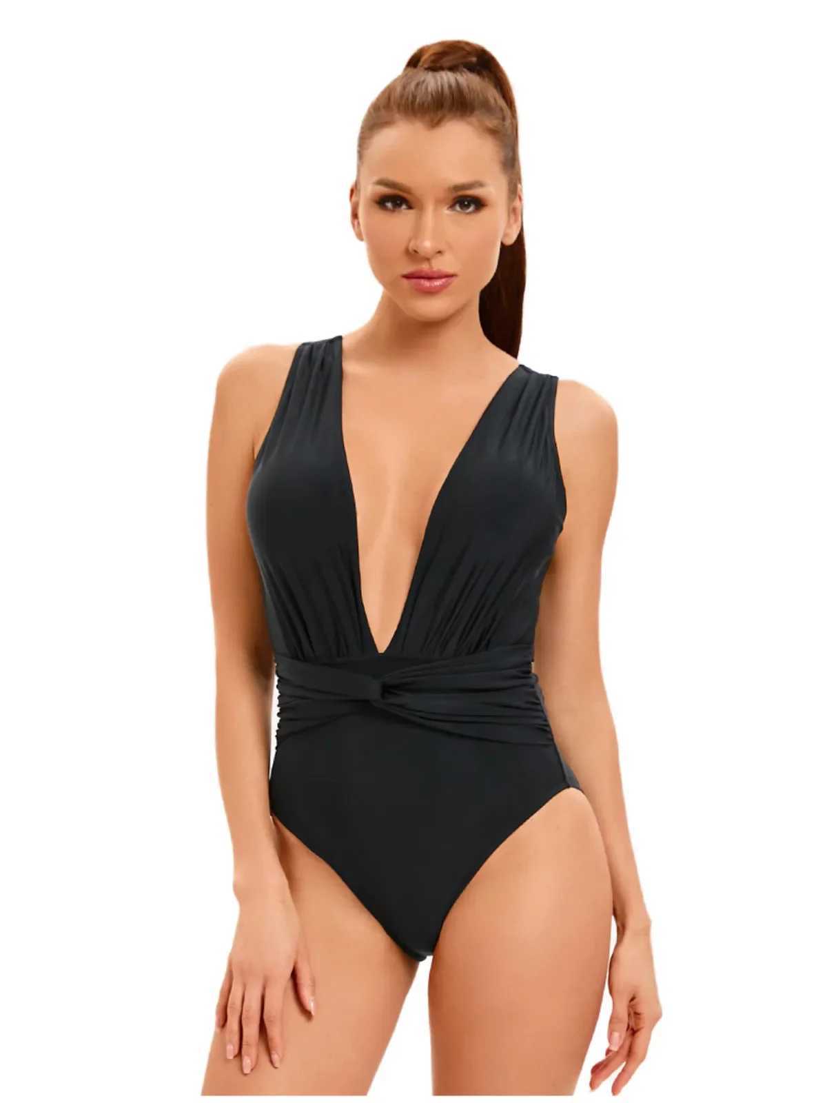 2025 black one-piece swimsuit womens V-neck hollow bikini sexy Hiah Waist swimsuit Monokini beach wear summer new itemXJ250315