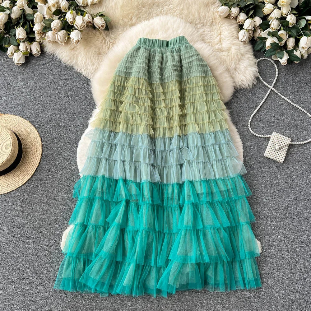 Summer Gradient Colorful Rainbow Stripe Mesh Tulle Skirts Women Long Maxi Skirt Fashion Elegant Elastic Waist 250310