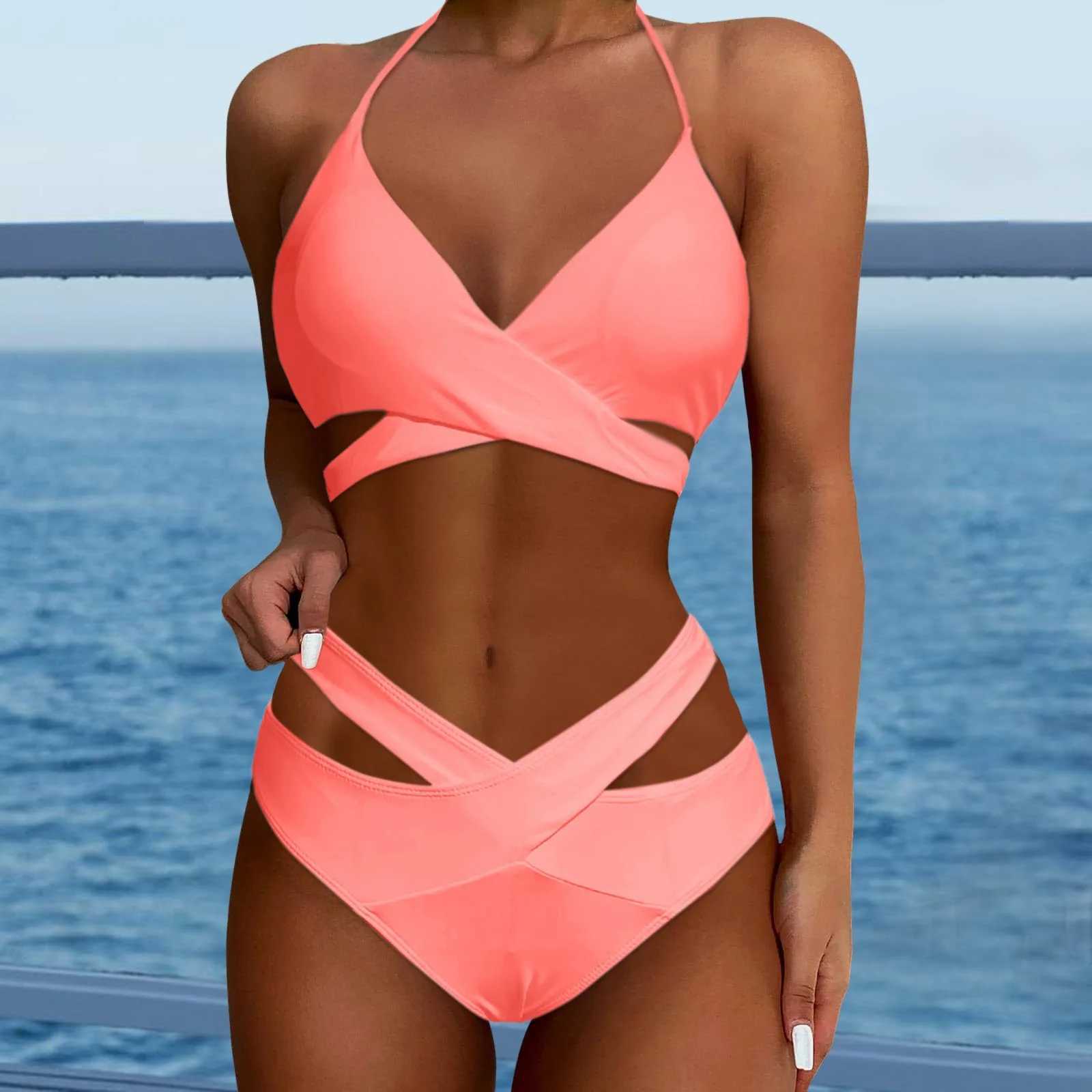 Sexy Hollow Bikini Set SS Pad Push up Swimsuit Solid Color Strap Two Piece Swimsuit for Women BiquiniXJ250315