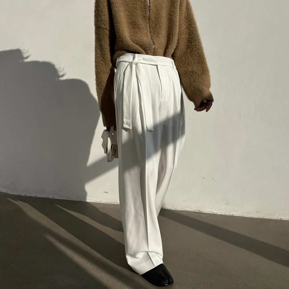 Harajuku Belted Suit Pants Mens Fashion Oversize Casual Trousers French Loose Wide Leg Streetwear Male Blazer 250313