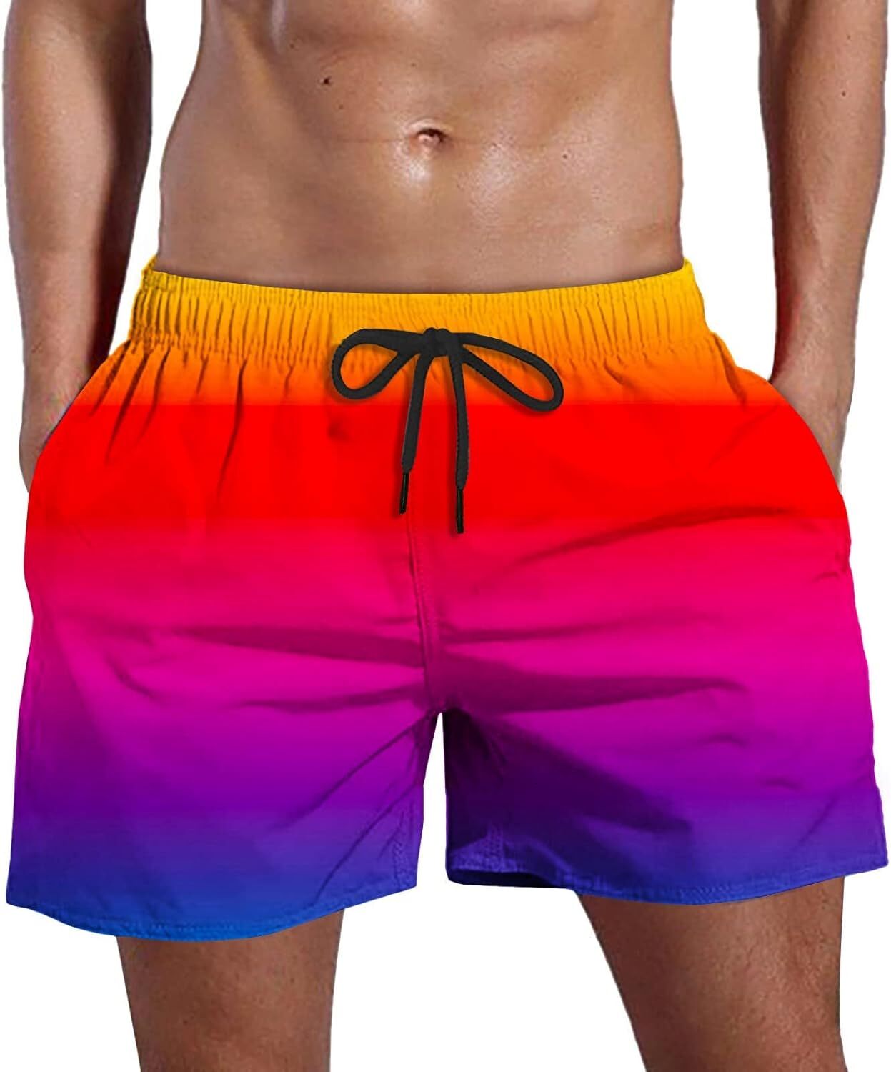Mens Athletic Shorts, Summer Gradient Swim Trunks Drawstring Waist Board Shorts, Loose Casual Bathing Suit with Pockets