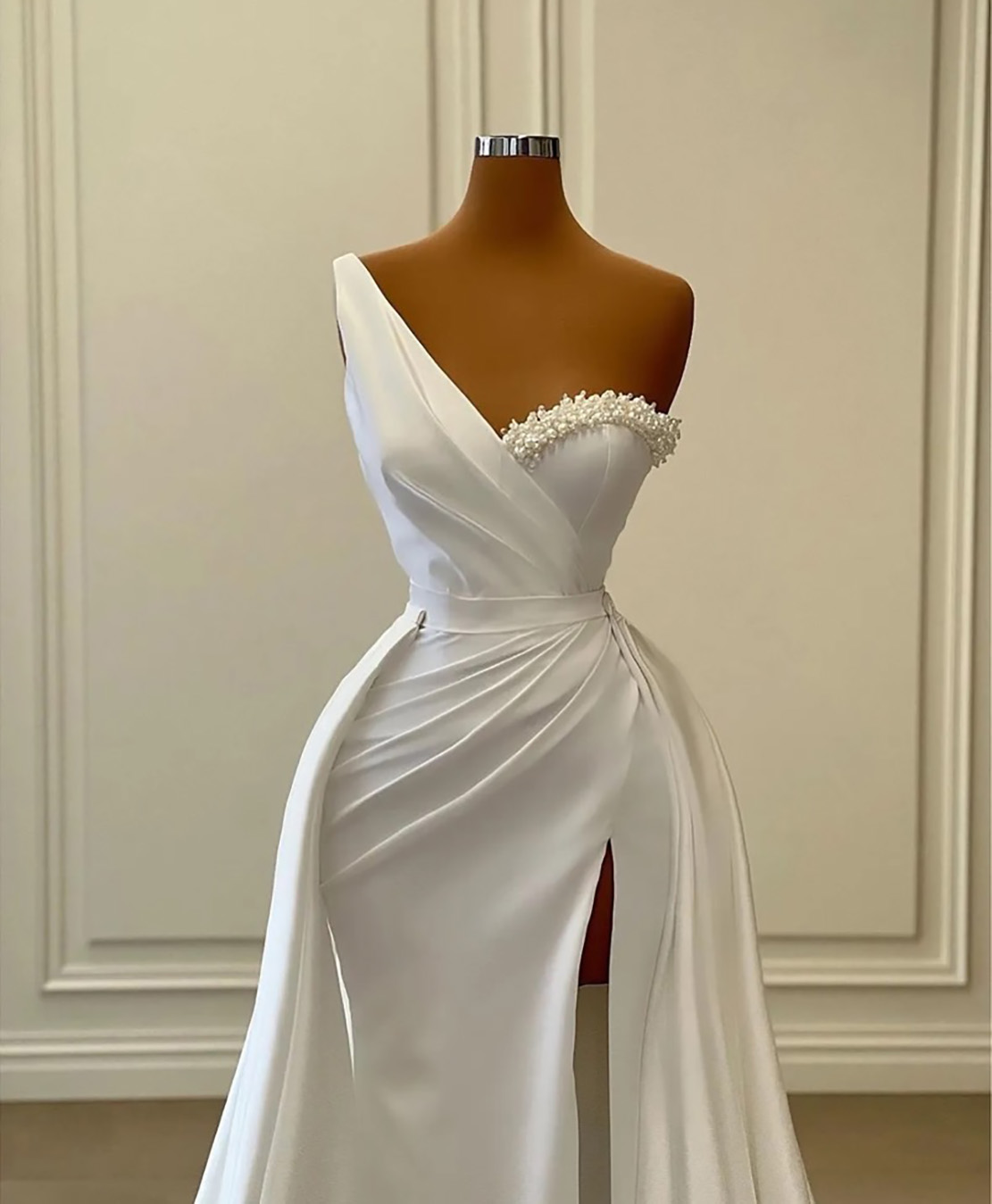 Prom Gown White Evening Dresses Party Mermaid Sleeveless Satin Plus Size Zipper Lace Up New Custom Pleat One-Shoulder Beaded Pearls Detachable Train