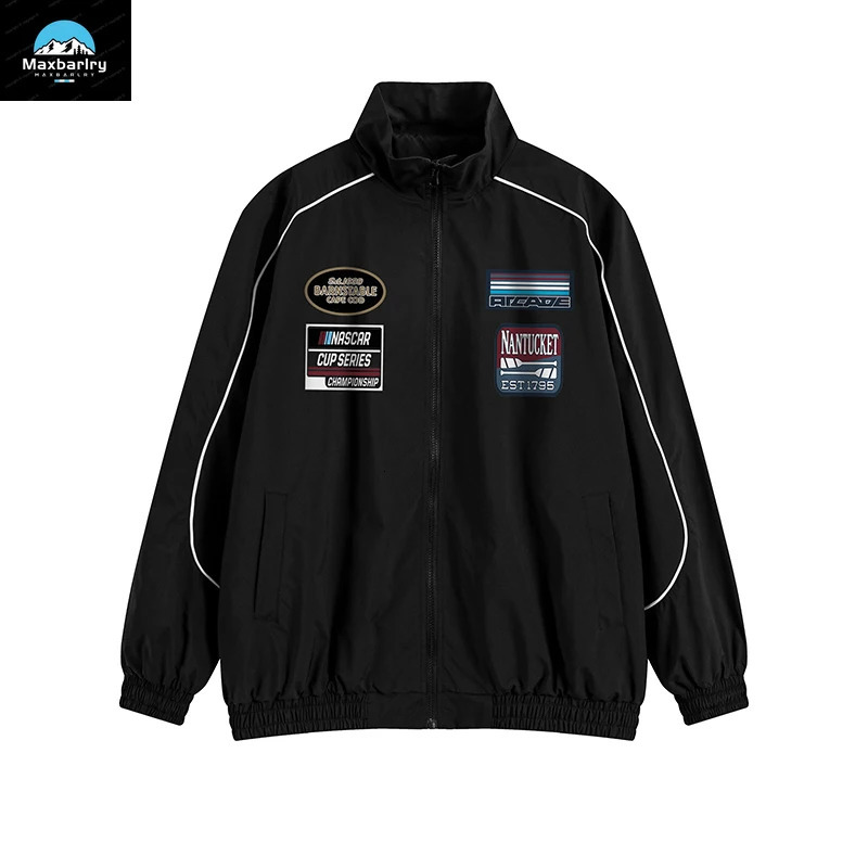 Street bike jacket mens retro print n hiphop baseball set stand up collar motorcycle spring 250312