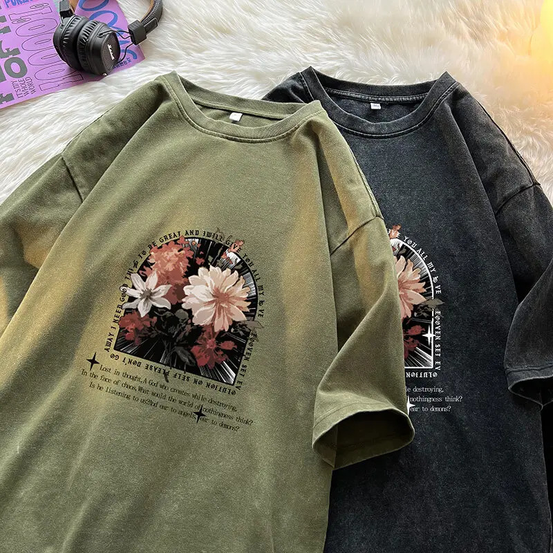 Vintage Floral Graphic Tee Washed T Shirts Oversized Y2K Top High Street Style Printing Short Sleeve Tshirts Trend Couple Clothe 250312