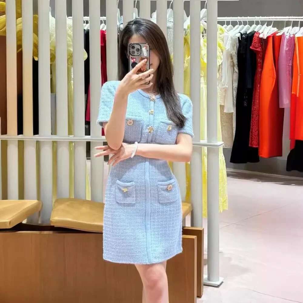 2024 Autumn Women Fall Light Blue Button Slim Fit Knit Office Ladies Elegant Mini Dress