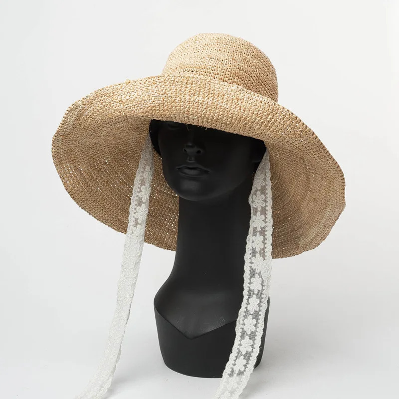 Summer Handmade Natural Lafia White Lace Long Ribbon Waist Beach Womens Bucket Hat Womens Holiday Beach Hat 250314