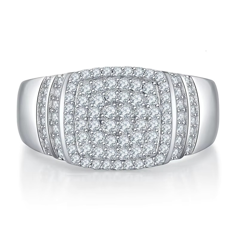 Moissanite Hip Hop Mens Thick Solid 925 Sterling Silver Ring with White Gold Plating
