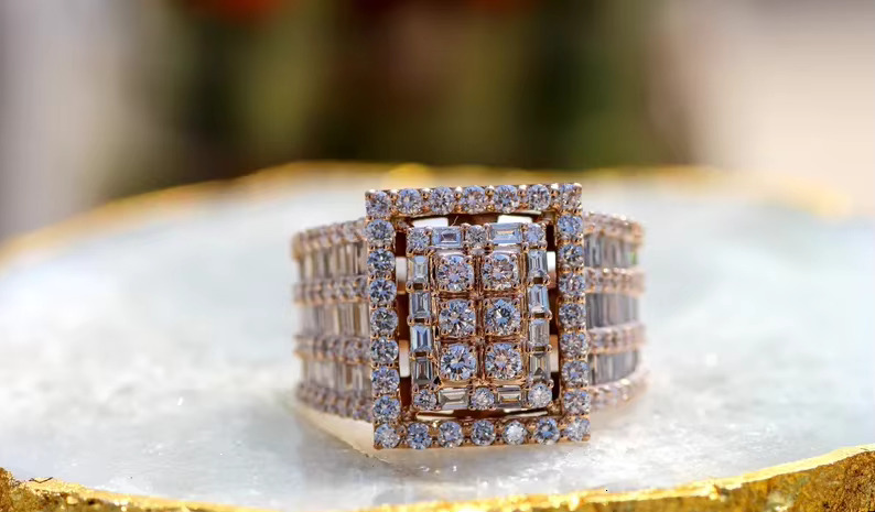 14K Solid Gold Plated Moissanite Diamond Ring Hip Hop Ring for Wedding Engagement or Gift Fashion Jewelry