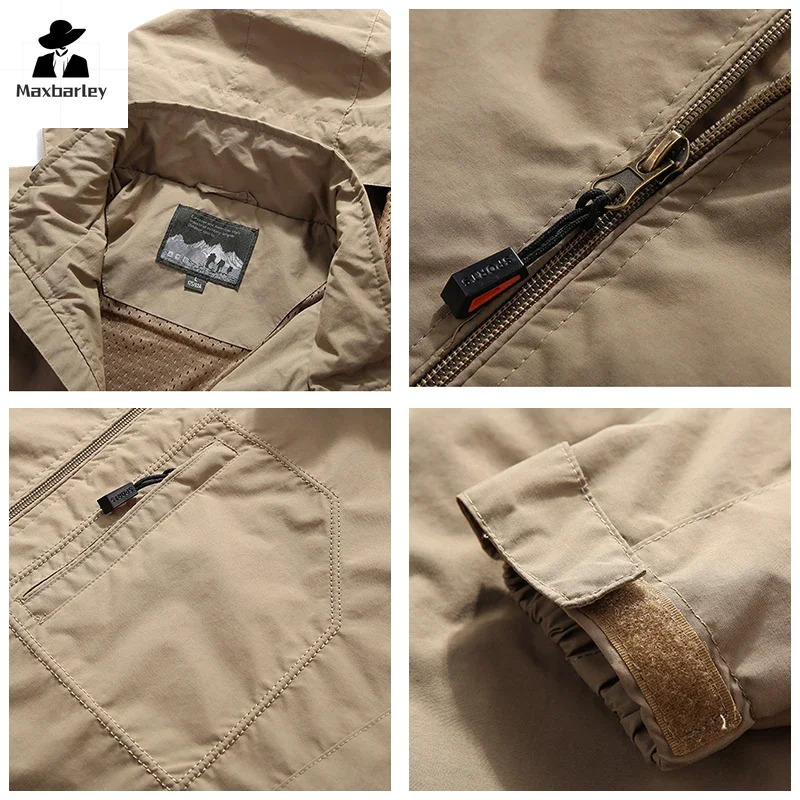 Spring mens waterproof jacket plus size windproof vest breathable fishing camping Gorpcore hooded clothing 250312