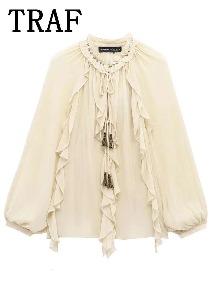 TRAF Ruffles Elegant For Women 2024 New Fashion Pleated Blouse Long Sleeve Translucent Sexy Shirts And Blouses Woman Top
