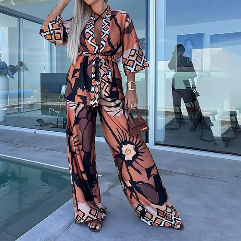 Fashion Casual Bohemia Print Loose Beach Set Spring Wide Leg Long Pants Suits Autumn Women QuarterSleeved Cardigan Shirt Outfit 250313