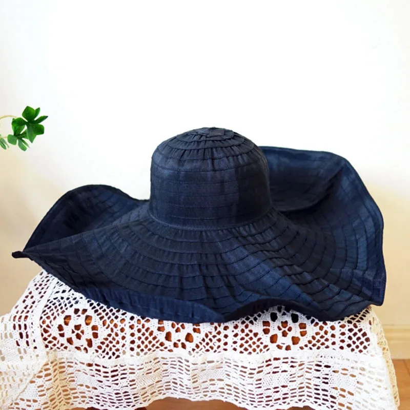 Womens 20cm large Brim sun hat cute shape cotton ribbon hat red and black summer hat foldable beach hat party dress hat 250314