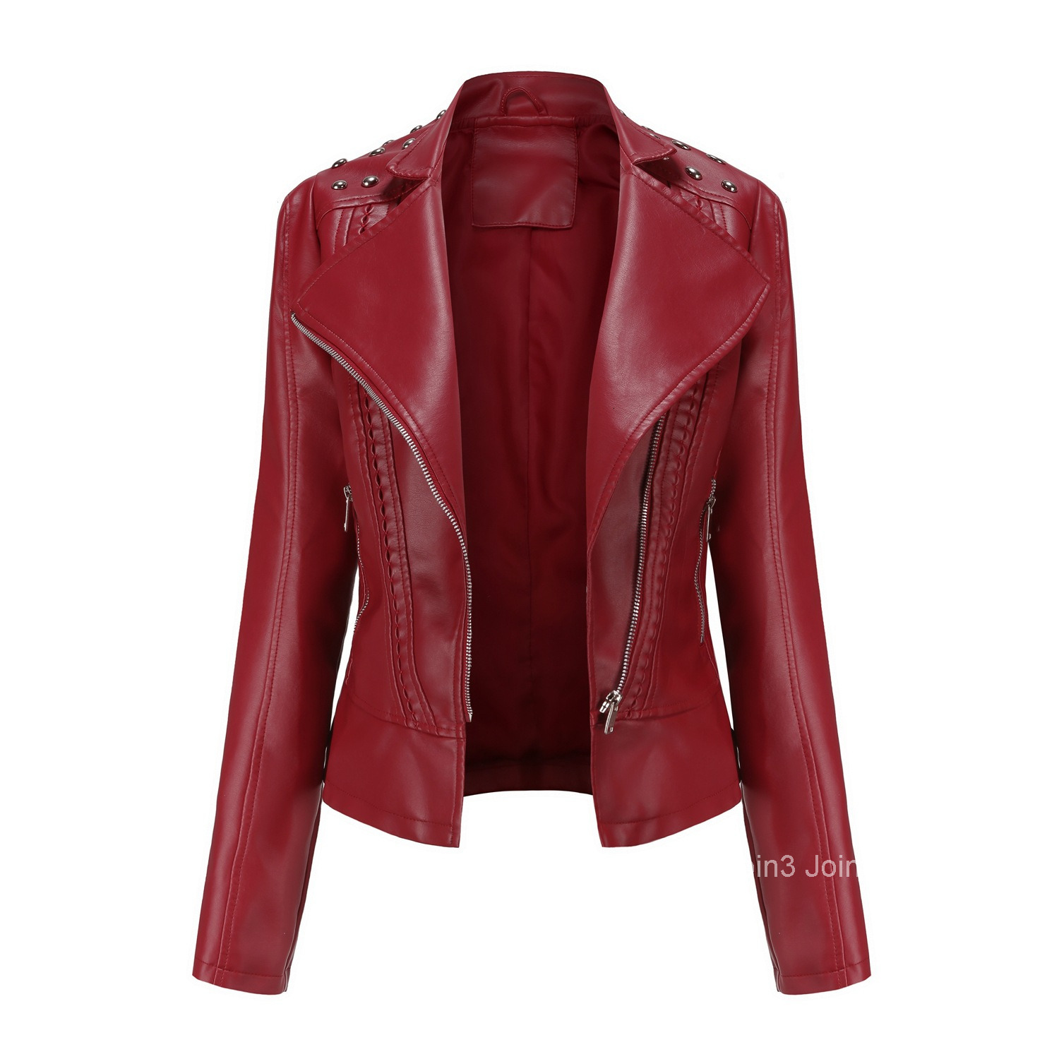 Fashion European Size Womens Beaded Leather Jacket Womens Long-sleeved Fashion Jacket Lapel Motorcycle Jacket Thin Spring and Autumn Womens Jacket Joi