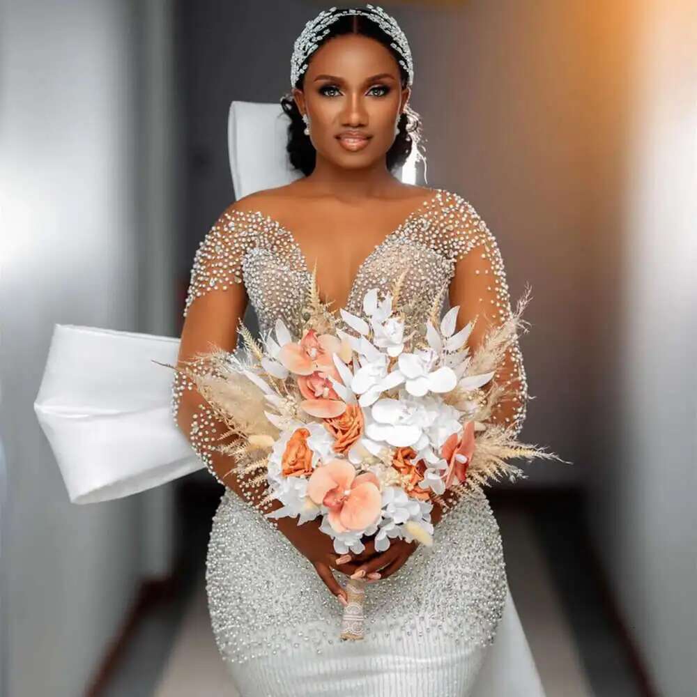 Custom Spoon Neck Shiny Pearls Beads For Long Sleeves Removable Layered Skirt Wedding Dress