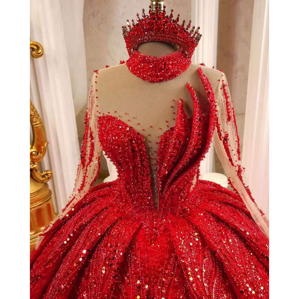 Red Ball Gown Crystal Beaded Pearls Lace Wedding Large Size Train Sweep Dresses Custom Color Novia