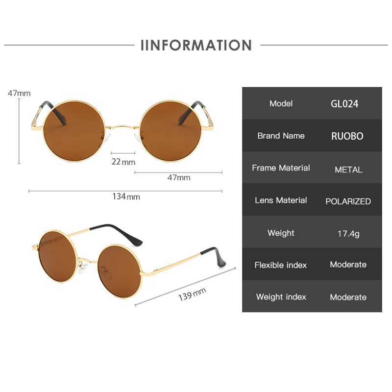 RUOBO retro polarized circular metal frame sunglasses suitable for men and women driving fishing brand designer sunglasses UV400 W250315