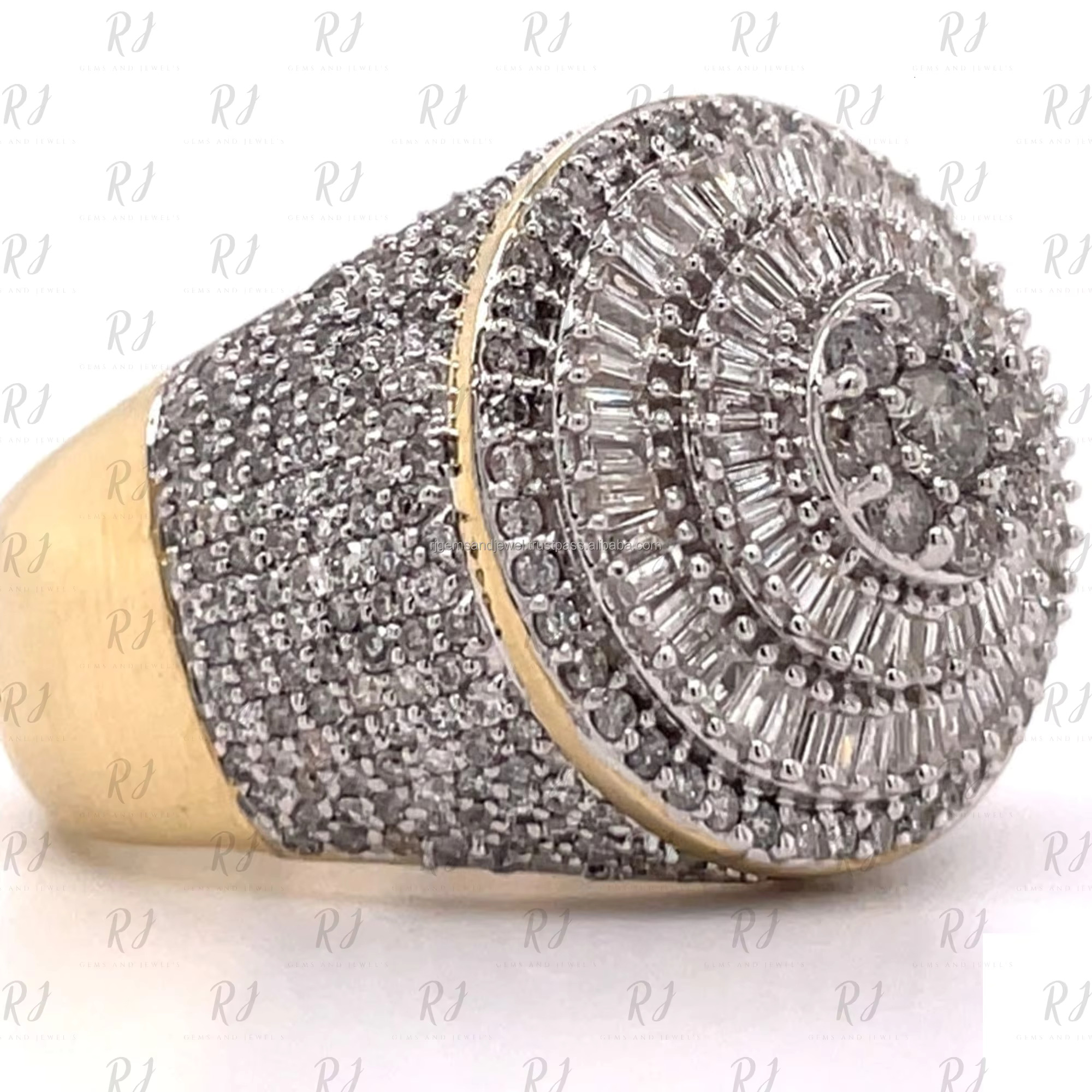 Iced Out Moissanite Hip Hop Ring 10k Gold Baguette and Round Diamond Mens Rings