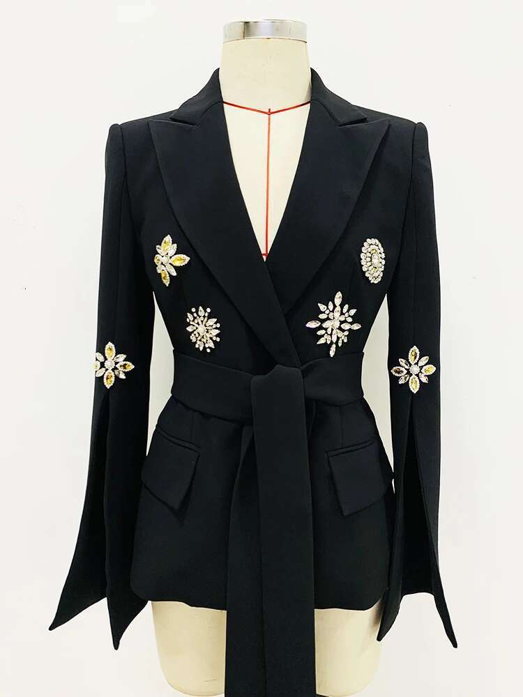 HIGH STREET Newest Fashion 2024 Runway Designer Blazer Women's Slit Sleeve Crystal Rhie Dias Beaded Belted Jacket