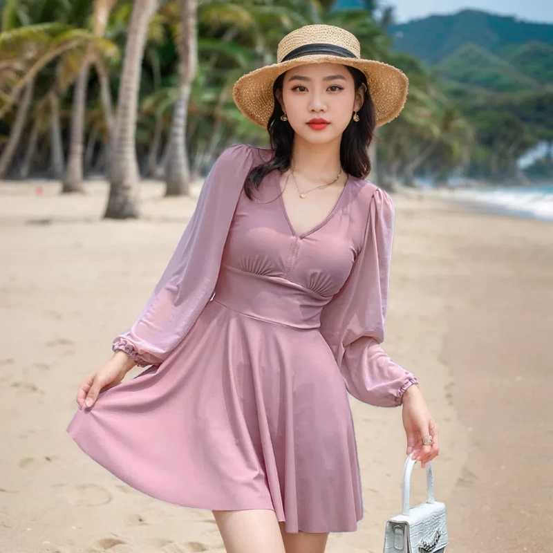 Womens conservative Fsh cover and ultra-thin solid color seven times longer sunscreen Tpeent high waist casual vacation swimsuitXJ250315