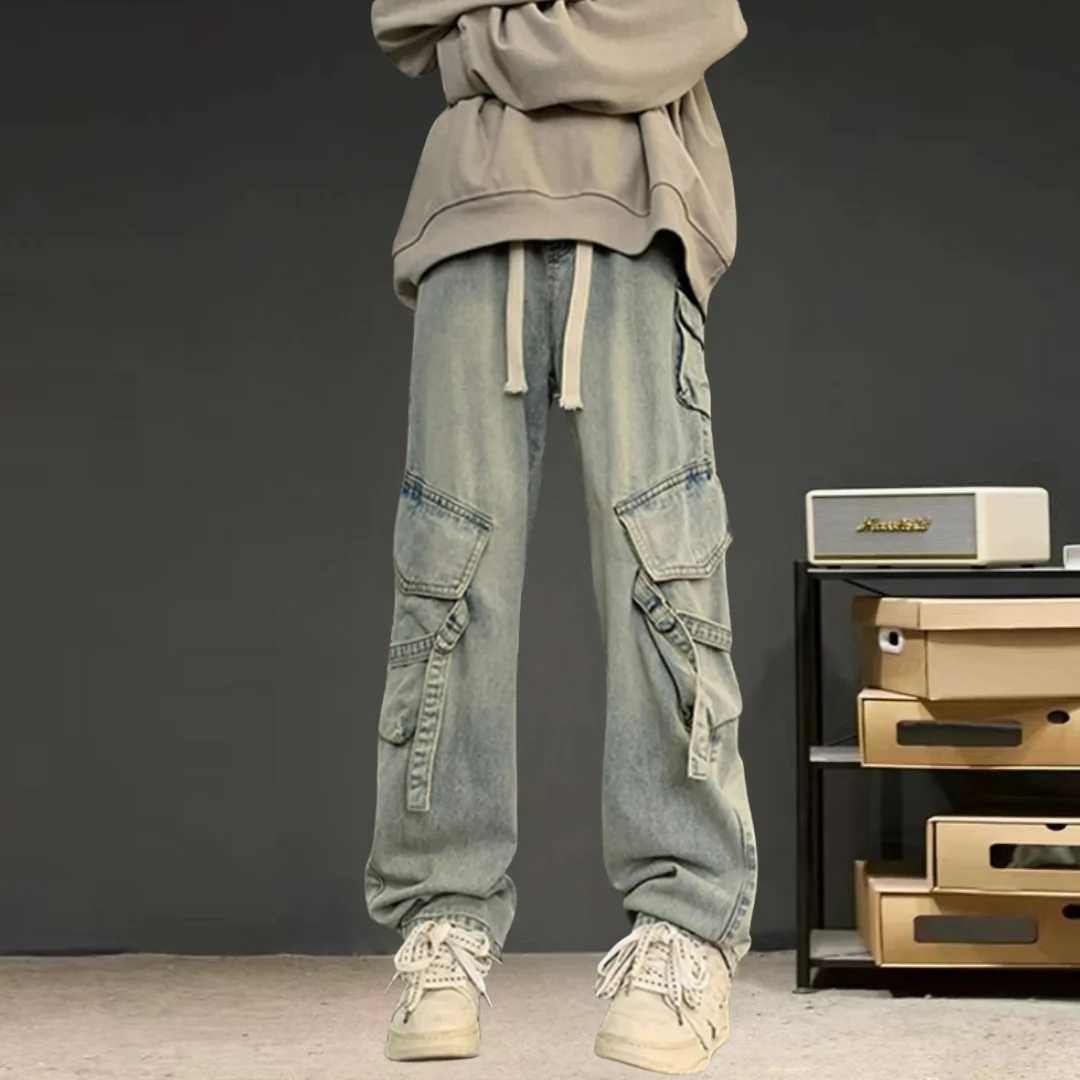 Y2K American street hip-hop personalized mens and womens workwear drawstring jeans 2024 summer new trend loose casual pantsT250319