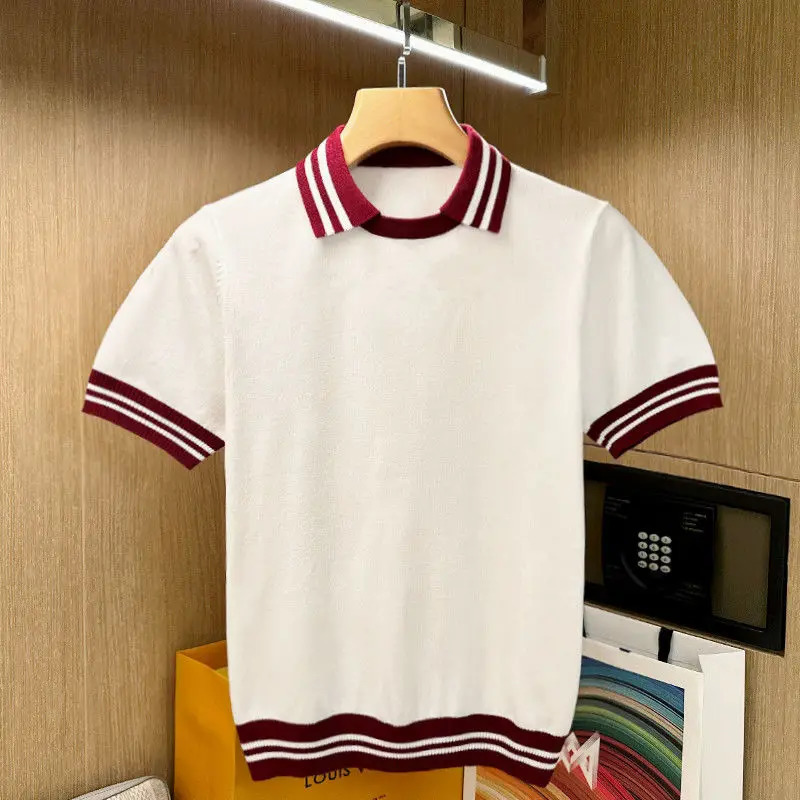 Summer Knitted Mens Polo Shirt Short Sleeve Collar Tshirt Splicing Work Color Fashionable Casual Top Slim Style 250312